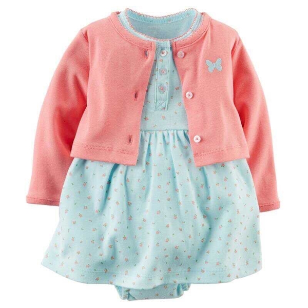 Set đầm bodysuit và áo khoác bé gái : đầm xanh ngọc hoa li ti và áo khoác hồng