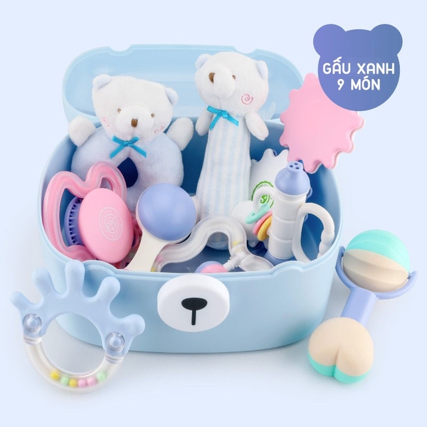 Set Đồ Chơi Sơ Sinh Xúc Xắc Gặm Nướu Gấu Xanh CAYABE Goryeo Baby 9 Món Cho Bé