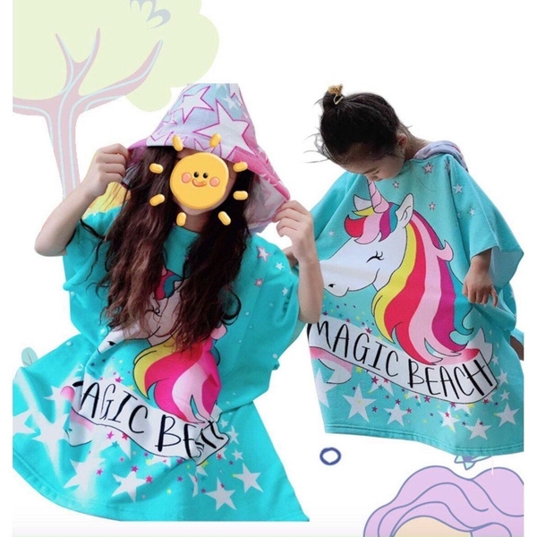 Khăn tắm choàng cho bé CAYABE đi bơi, đi biển có mũ trùm đầu ngựa Pony / Unicorn màu xanh (tặng túi rút tiện lợi) - 75x105 cm