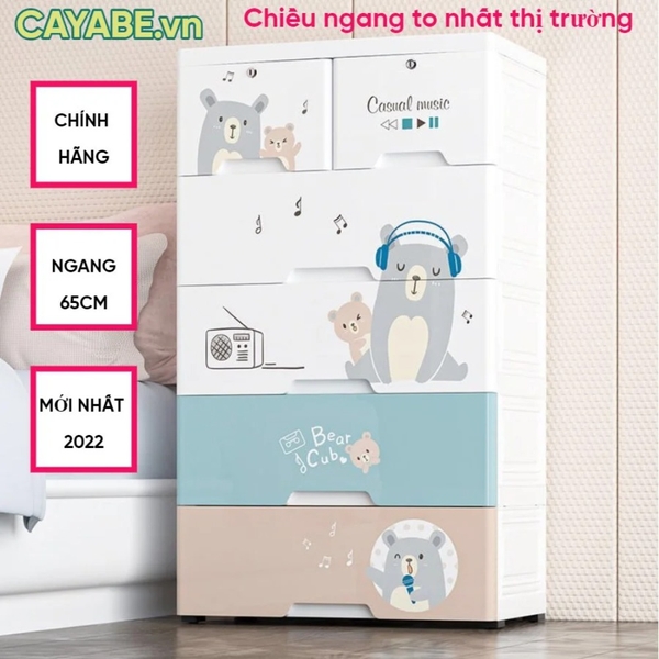 Tủ nhựa ngăn kéo 5 tầng đựng quần áo, đồ chơi, bỉm sữa GẤU XÁM NGHE NHẠC CAYABE cho bé