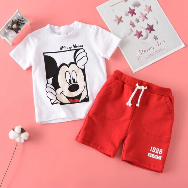 Đồ bộ bé trai chuột Mickey áo trắng quần đỏ