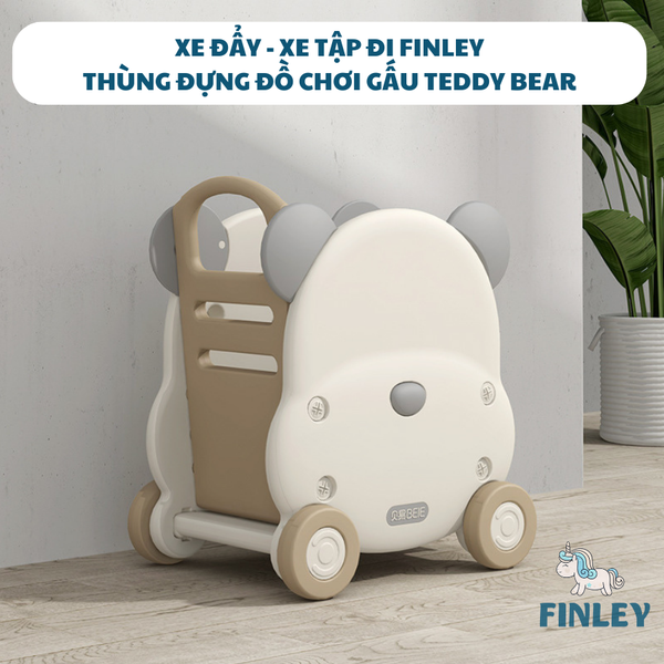 Thùng đựng đồ chơi - Xe đẩy tập đi cho bé FINLEY hình gấu Teddy Bear Hàn Quốc đựng đồ chơi, sách vở màu kem be - FL-0053