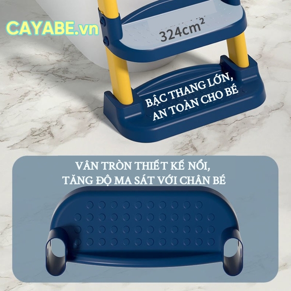 Thang bô vệ sinh cho bé gấp gọn CAYABE, bệ nắp thu nhỏ bồn cầu cho bé có tay vịn và đệm êm ái màu xám - xanh - hồng (mã 001)