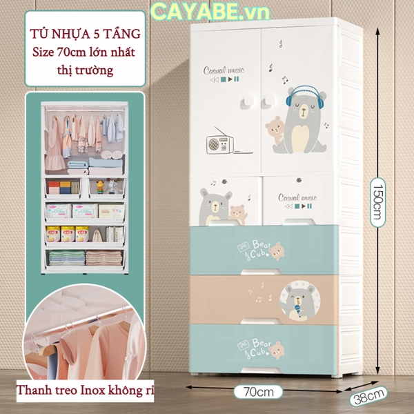 Tủ nhựa cho bé 5 tầng CAYABE (Size lớn 70cm) gấu xám nghe nhạc treo quần áo, đựng đồ chơi, đồ dùng cho gia đình