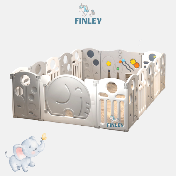Quây cũi nhựa cho bé FINLEY hình chú voi con Dumbo đáng yêu (tặng thảm, bóng, giỏ đựng bóng) màu trắng xám (Size M và L) - FL-0037