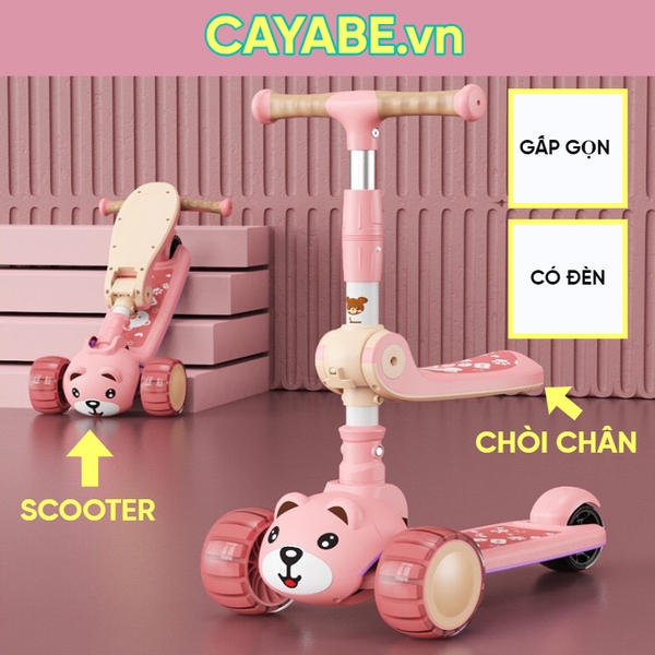 Xe scooter - xe chòi chân 2 trong 1 CAYABE gấu Brown có đèn phát sáng màu hồng