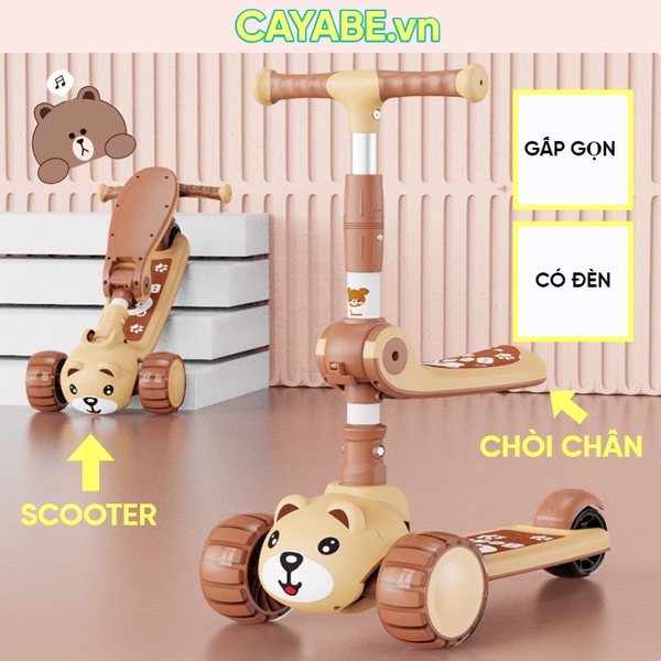 Xe scooter - xe chòi chân 2 trong 1 CAYABE gấu Brown có đèn phát sáng màu kem