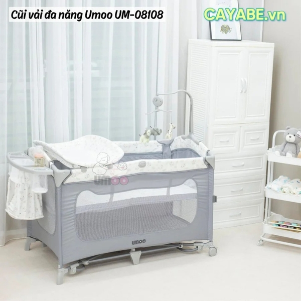 Nôi cũi vải cho bé gấp gọn Umoo UM-08108 hình cừu con đa năng - hạ thành 3 mức làm nôi cạnh giường, bập bênh, có bánh xe