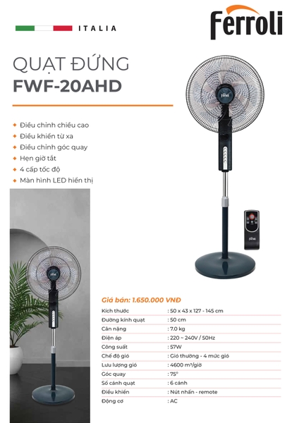 Quạt đứng Ferroli, Rapido RWF-20AHD (Điều khiển từ xa) giao mẫu ngẫu nhiên