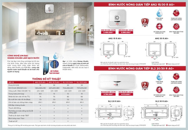 Bình Nóng Lạnh Chống Giật Ariston AN2 30R AG tráng bạc, chống giật
