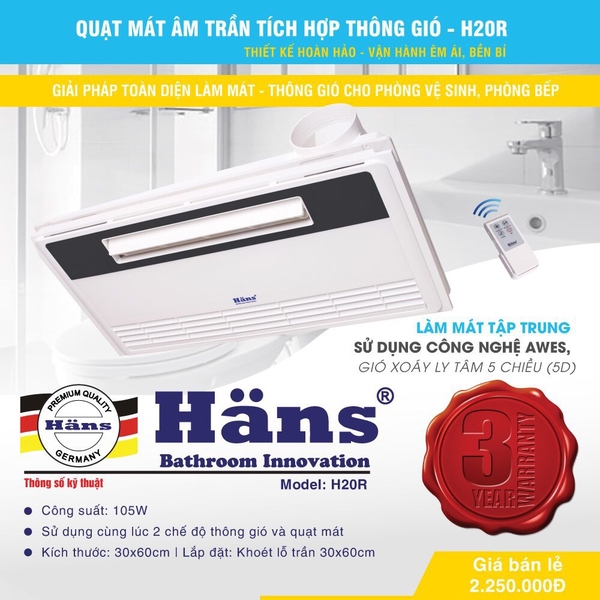 Quạt Mát Âm Trần Tích Hợp Thông Gió Hans H20R có điều khiển từ xa