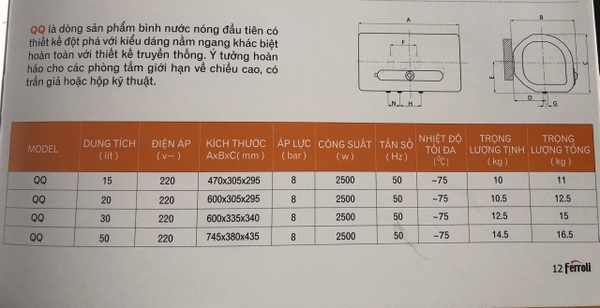 Bình nóng lạnh Ferroli QQEvo ME30 chống giật 30 lít