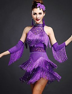 Trang phục dancesport tua rua tím lấp lánh