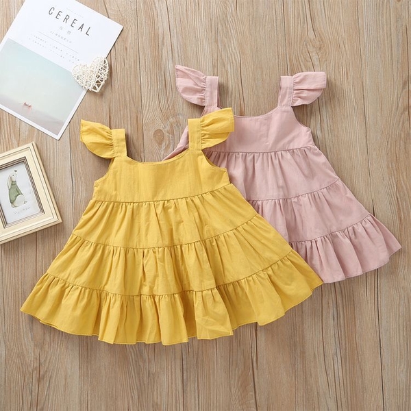 Váy thiết kế bé gái tay ngắn màu vàng, hồng