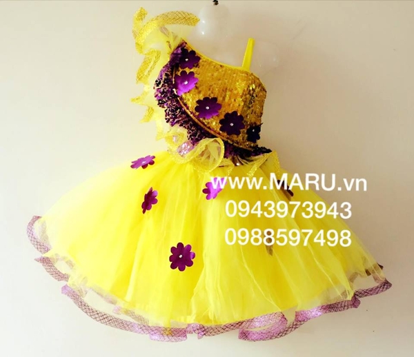 Váy múa trẻ em màu vàng hoa tím