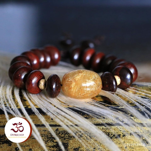 HAND MALA TỬ ĐÀN DẸP 12mm THẠCH ANH TÓC VÀNG VIP