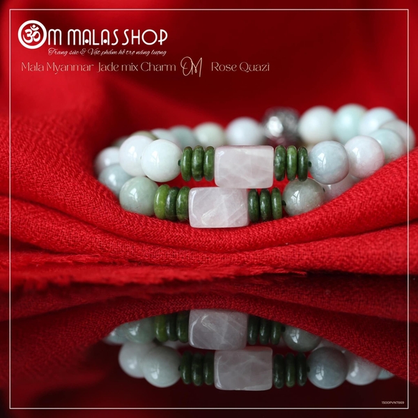 MALA CẨM THẠCH MYANMAR MIX CHARM OM, ROSE QUAZT