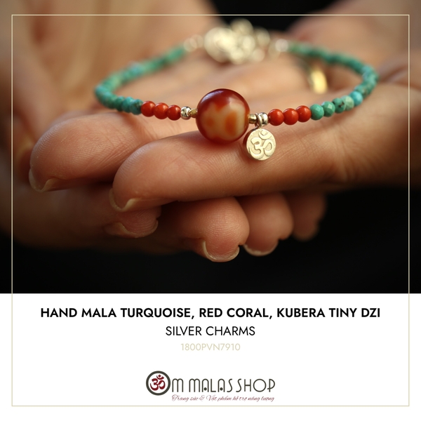 MALA TURQUOISE KẾT DZI CARNELIAN KUBERA, CHARM OM BẠC