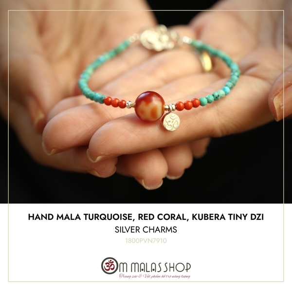 MALA TURQUOISE KẾT DZI CARNELIAN KUBERA, CHARM OM BẠC