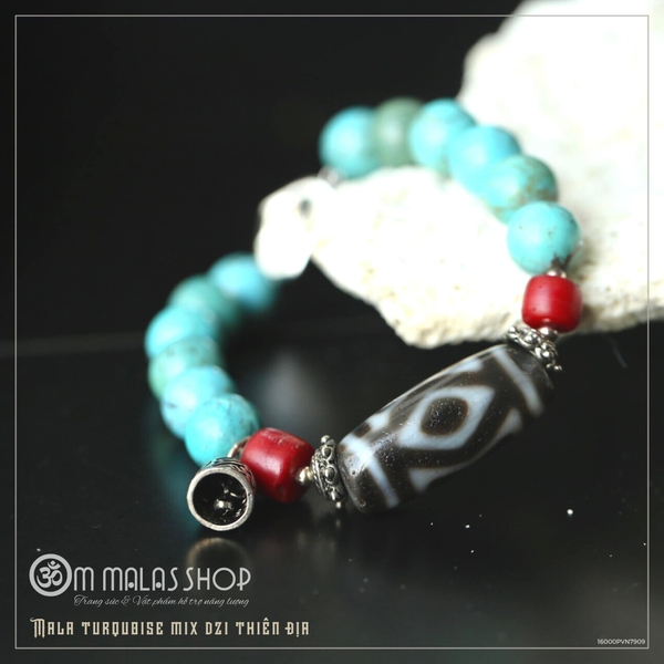 MALA TURQUOISE MIX DZI THIÊN ĐỊA KHÓA TRÁI TIM