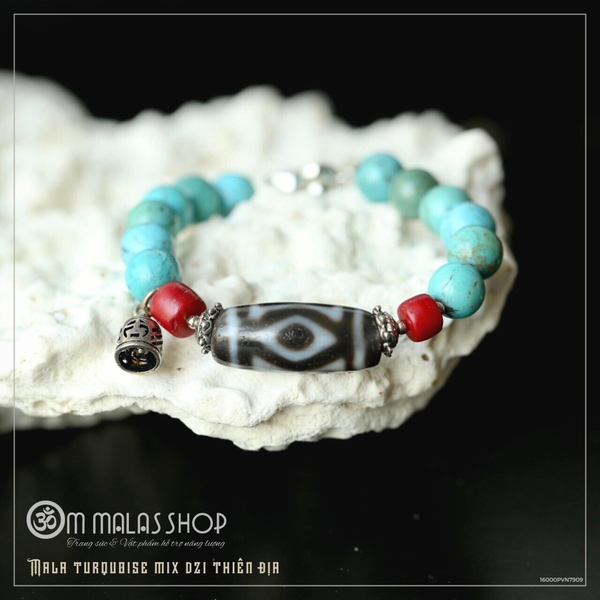MALA TURQUOISE MIX DZI THIÊN ĐỊA KHÓA TRÁI TIM