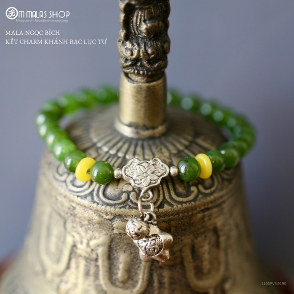 HANDMALA NGỌC BÍCH/THẠCH ANH HỒNG KẾT CHARM KHÓA TRƯỜNG MỆNH KHẮC CHỮ OM