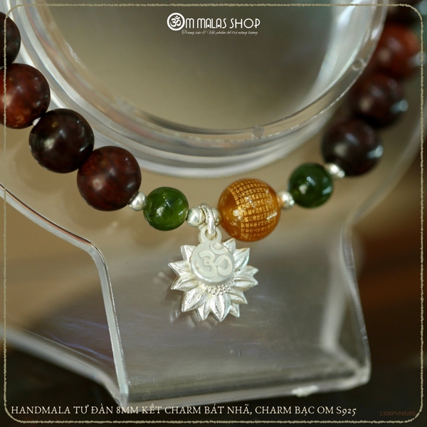 HANDMALA GỖ TỬ ĐÀN 8MM KẾT CHARM MÃ NÃO BÁT NHÃ VÀ CHARM OM HƯỚNG DƯƠNG BẠC 925