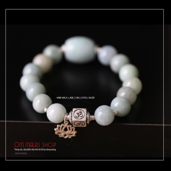 HAND MALA CẨM THẠCH 10mm MIX CHARM OM & HOA SEN
