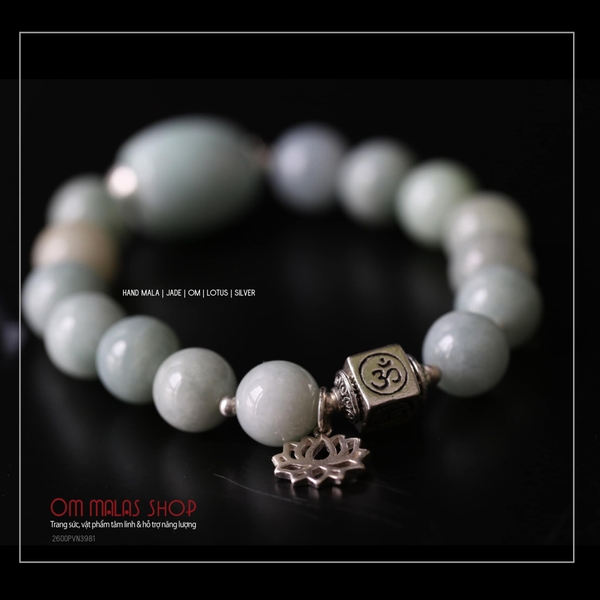 HAND MALA CẨM THẠCH 10mm MIX CHARM OM & HOA SEN