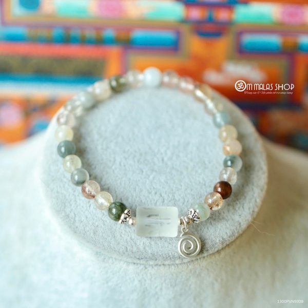 MALA THẠCH ANH TÓC 6MM MIX NHIỀU MÀU KẾT CHARM MÃ NÃO LỤC TỰ VÀ KORU BẠC