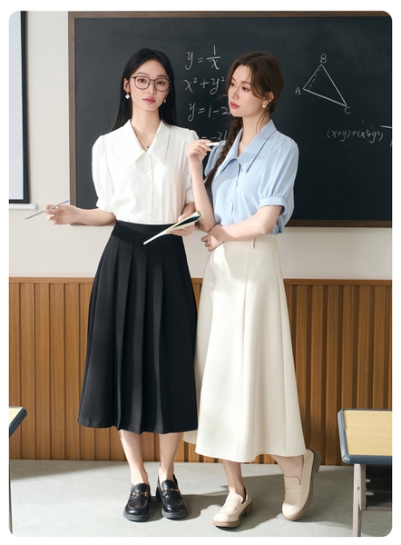 Áo Sơ Mi Nữ Chiffon Tay Ngắn Màu Xanh MAKILANA Thanh Lịch Công Sở Hàn Quốc Mặc Đi Làm, Dự Phỏng Vấn Mùa Hè 2025 SM37