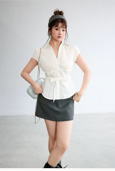 SM58 Áo Sơ Mi Nữ MAKILANA Tay Ngắn Chiết Eo Xếp Ly Thanh Lịch Style Hàn Quốc, Áo Sơ Mi Cổ Chữ V Dành Cho Nữ