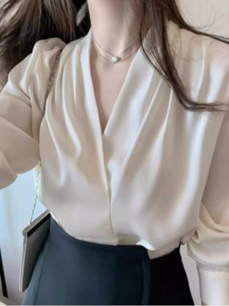 Áo sơ mi nữ cổ V, sơmi nữ dài tay, sơmi nữ xát nách vải lụa, sơ mi công sở sang trọng, thanh lịch SM02
