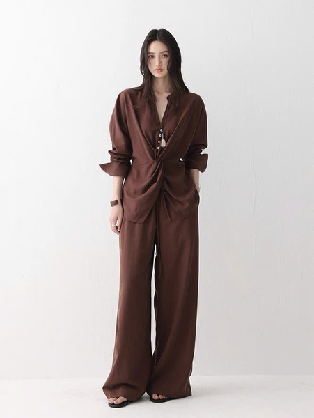 SET33 Bộ đồ dài tay hai chiều bằng vải linen kiểu dáng xoắn hông MAKILANA dành cho nữ