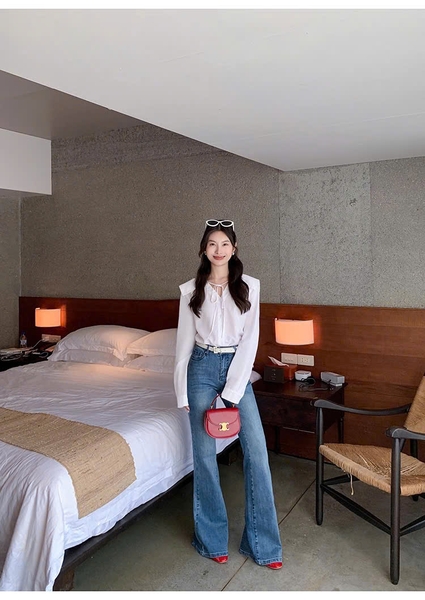 SM48 Áo sơ mi cổ vuông phối dây buộc nơ MAKILANA, Áo sơ mi dài tay thiết kế thanh lịch dành cho nữ
