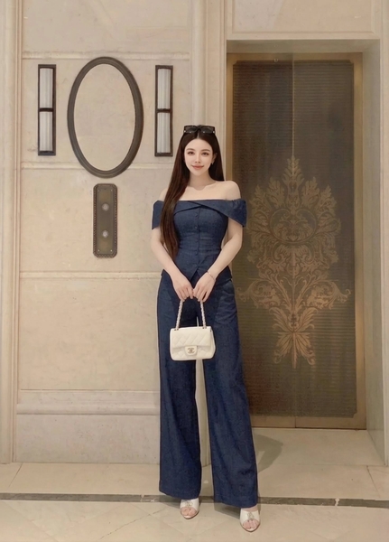 SET30 Set đồ thời trang gồm áo trễ vai và quần ống rộng dáng suông MAKILANA dành cho nữ,Set bộ denim dành cho nữ