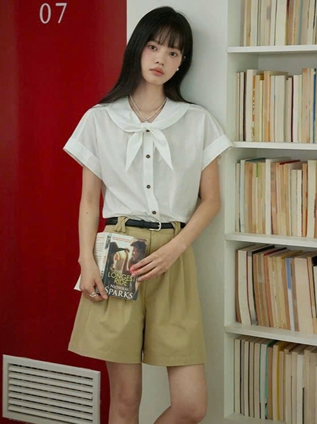 SM61 Áo Sơ Mi Nữ MAKILANA Cổ Peter Pan Kiểu Pháp Tay Ngắn, Áo Sơ Mi Xuông Cổ Nơ Tay Ngắn Gấp Lai Dành Cho Nữ
