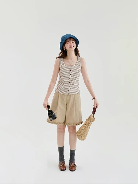 QS18 - Quần Short Nữ Kaki Lưng Cao Viền Bèo Nhún Gấu MAKILANA, Quần Đùi Xếp Ly Ống Rộng Dành Cho Nữ