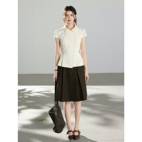 SM65 Áo Sơ Mi Nữ Dáng Peplum Ôm Eo MAKILANA, Áo Sơ Mi Ngắn Tay Nút Lệch Dành Cho Nữ