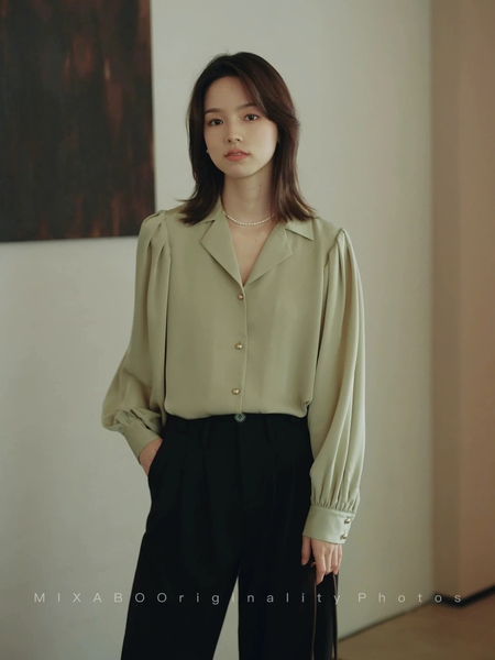 SM71 - ÁO SƠ MI DÀI TAY CỔ CHỮ V MAKILANA DÀNH CHO NỮ, ÁO SƠ MI NỮ TAY BỒNG CỔ VE DÀNH CHO MÙA XUÂN HÈ