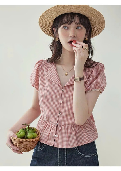 SM81 - ÁO SƠ MI NỮ TAY BỒNG CỔ CHỮ V KẺ CARO MAKILANA, ÁO SƠ MI KIỂU DÁNG NGẮN REN DÀNH CHO NỮ THÍCH HỢP CHO MÙA HÈ
