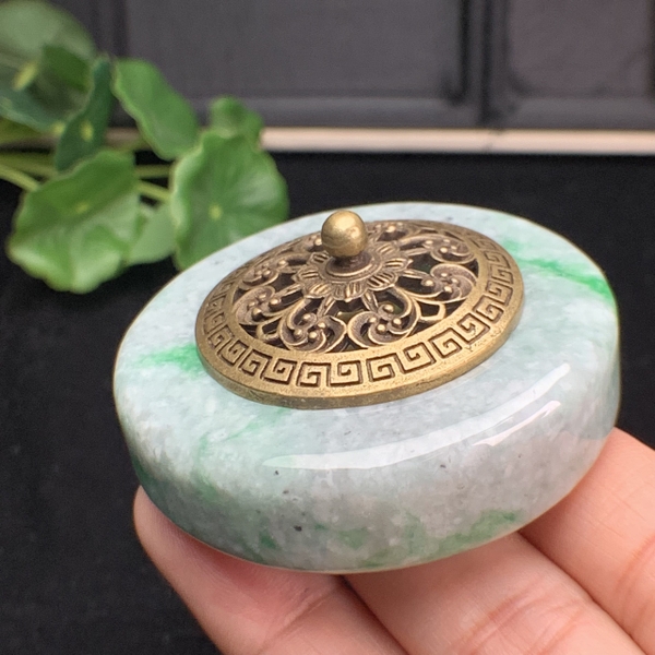 Lư đốt trầm hương nắp đồng ngọc phỉ thúy (Jadeite A) -NT632