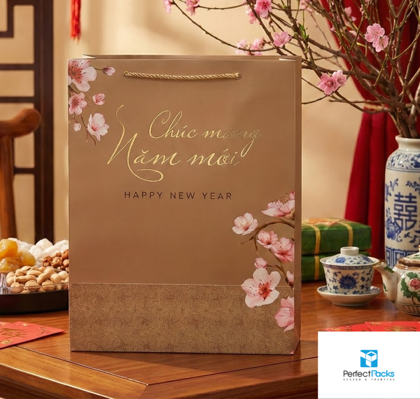 In Túi Giấy Chúc Mừng Năm Mới | Họa Tiết Hoa Đào Ép Kim Vàng