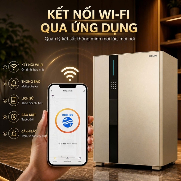 Nhận cảnh báo Wifi từ két sắt Philips VALIS-8BU trên điện thoại