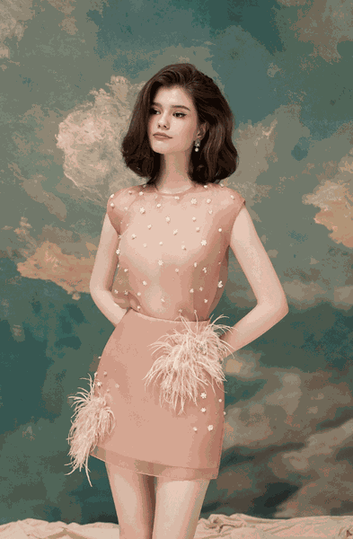 Feather Embellished Organza Mini Skirt SS24