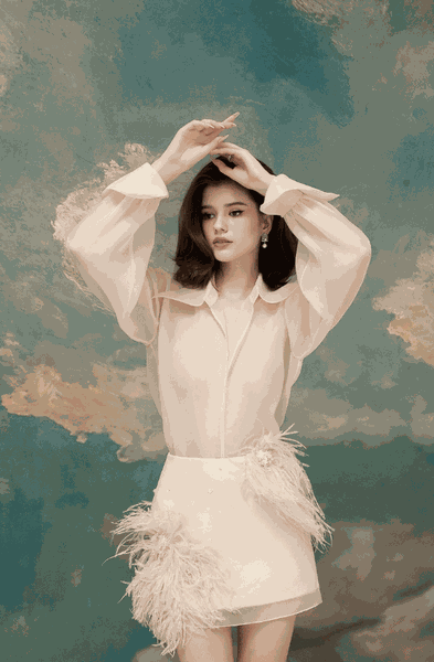 Feather Embellished Organza Mini Skirt SS24