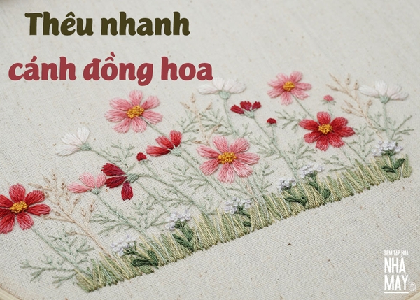 Thêu nhanh cánh đồng hoa đơn giản tông hồng đỏ (có mẫu in)