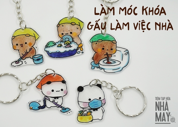Làm móc chìa khóa gấu làm việc nhà từ nhựa co nhiệt