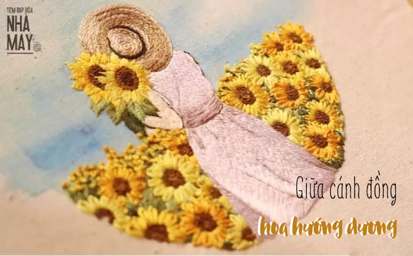 Hướng dẫn thêu cô gái giữa cánh đồng hoa hướng dương (có mẫu in)