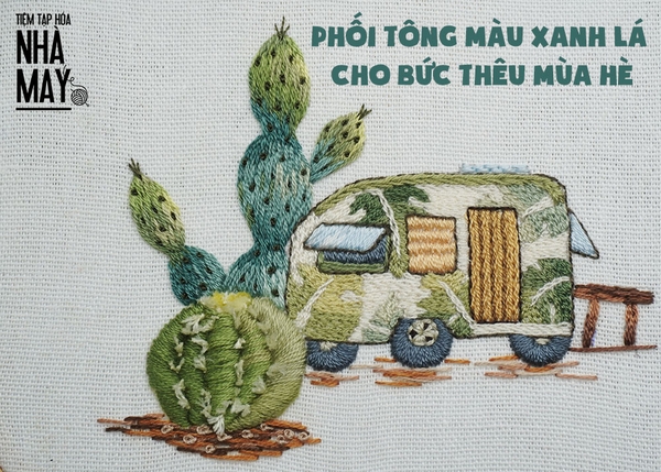 Phối tông màu xanh lá cho bức thêu mùa hè (có mẫu in)